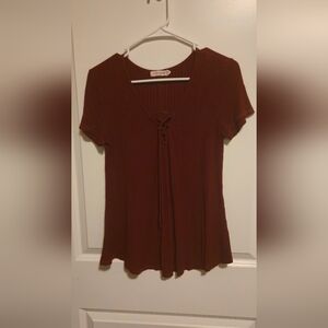 Chic Burgundy Red Tie Front Ribbed Blouse By LIVE TO BE SPOILED